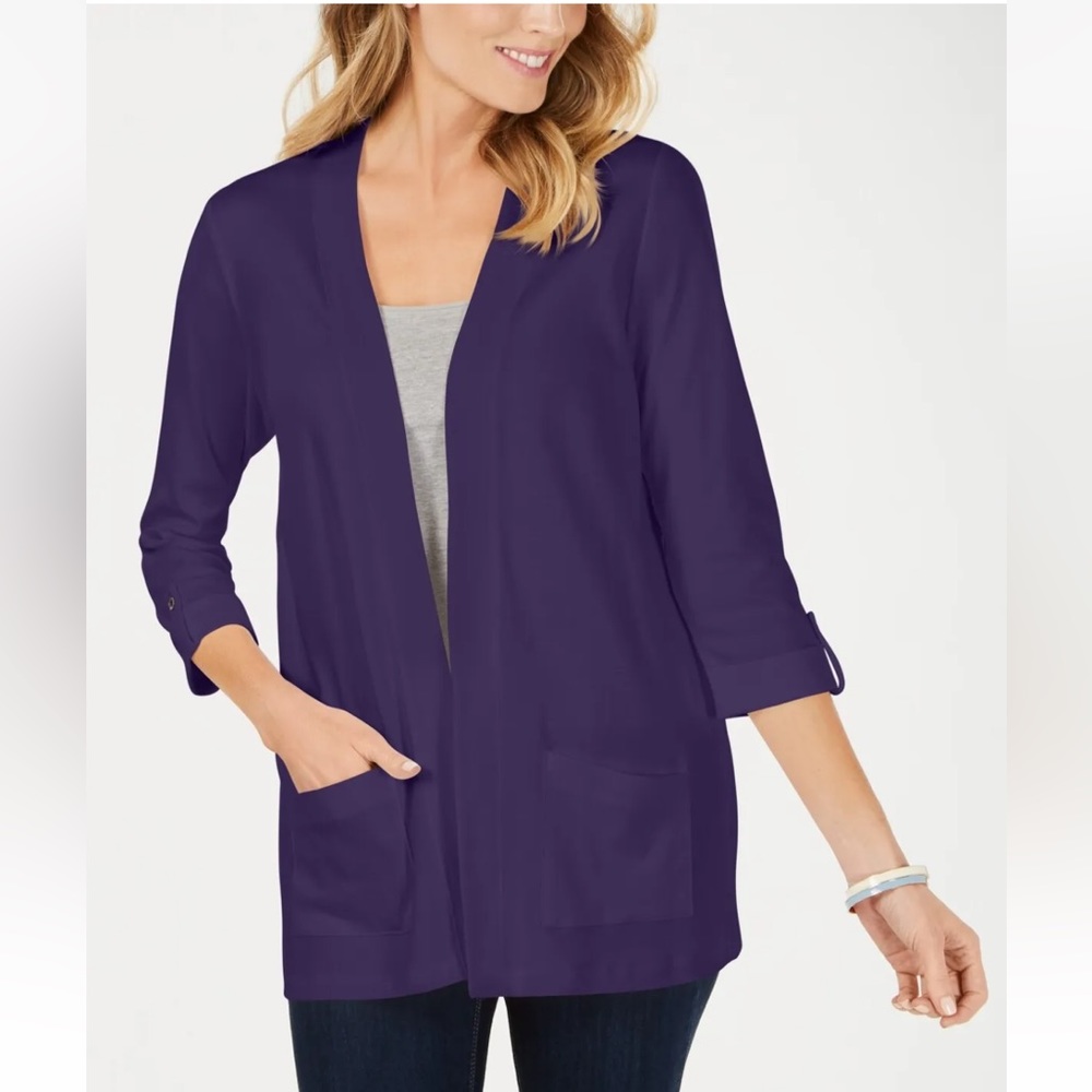 Karen Scott Cotton Cozy Tunic Cardigan Purple 3/4 Sleeve Size 1X NWT
